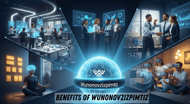 Benefits of Wunonovzizpimtiz in technology, business, and personal life, showcasing AI, teamwork, and virtual experiences.