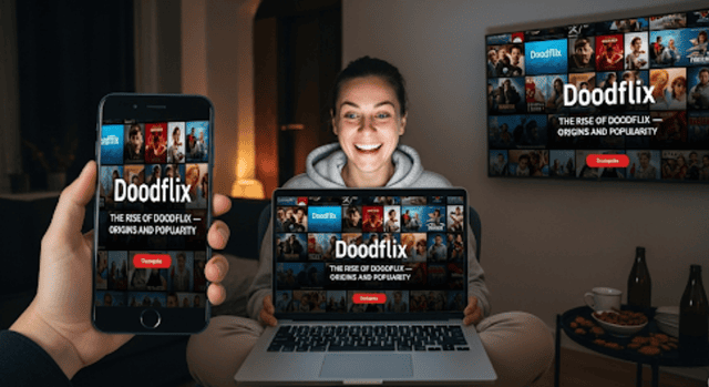 Doodflix: The rise of Doodflix, origins, and popularity on mobile, laptop, and TV screens with users enjoying streaming.