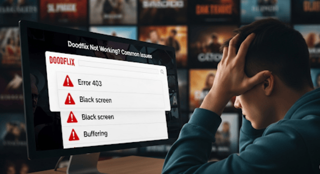Doodflix not working? Common issues like Error 403, black screen, and buffering, with a frustrated user facing the problems.