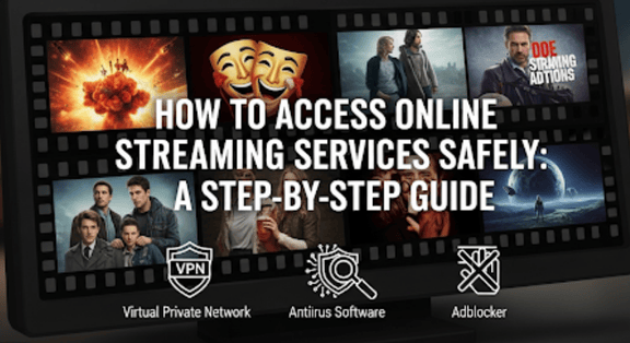 Guide on accessing online streaming services safely with tips on using VPN, antivirus software, and adblockers, featuring HDHubfu platform.