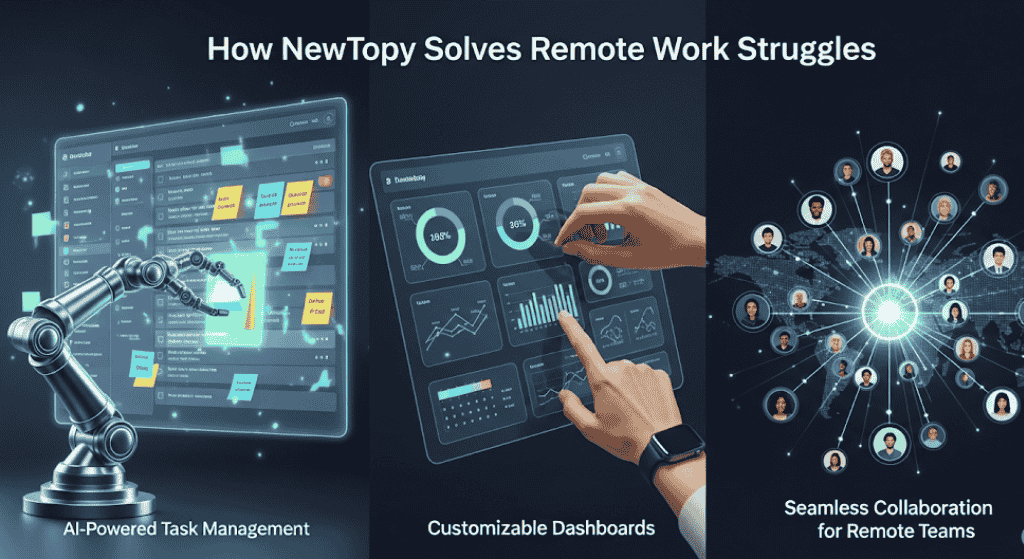 How Newtopy solves remote work struggles with AI-powered task management, customizable dashboards, and team collaboration.