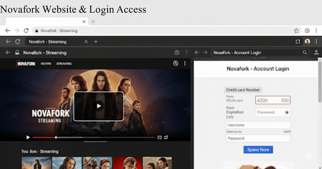 Novafork website and login access page showing streaming interface and account login with credit card details.