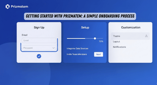 Prizmatem onboarding process with sign-up, setup, and customization steps for easy user integration and data configuration.