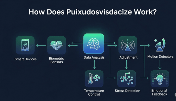 Infographic explaining how PUIXUDOSVISDACIZE works, including AI data analysis, smart devices, and real-time adjustments.