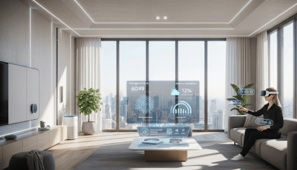 Futuristic living room with PUIXUDOSVISDACIZE tech, showcasing VR interface, real-time data, and smart home control systems.