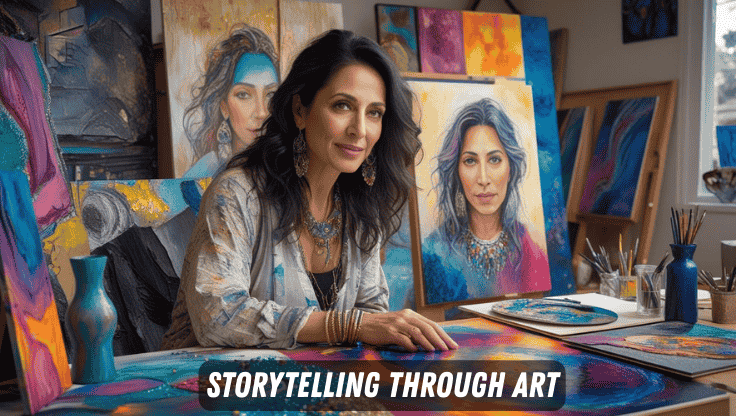 Shani Levni showcasing her artistic process of storytelling through vibrant paintings in her studio.