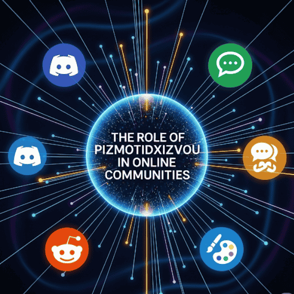 Visual representation of 'The Role of Pizmotidxizvou in Online Communities,' with icons of popular online platforms like Discord and Reddit.