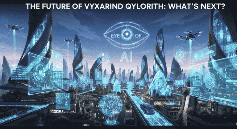 Vyxarind Qylorith: A futuristic smart city powered by AI and tech-sorcery, with personalized services and real-time adaptations.