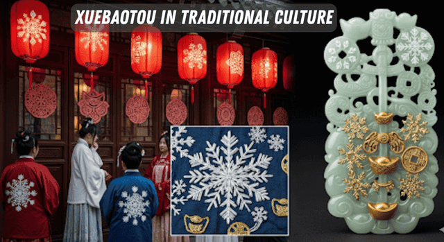 Xuebaotou in traditional culture with lanterns, embroidered robes, jade carvings, and symbolic snowflake patterns.