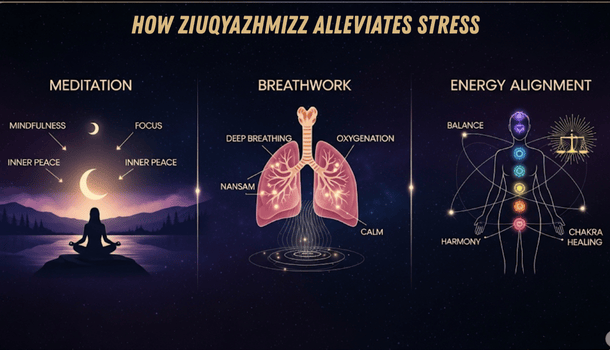 How Ziuqyazhmizz alleviates stress through meditation, breathwork, and energy alignment for balance, inner peace, and calm.