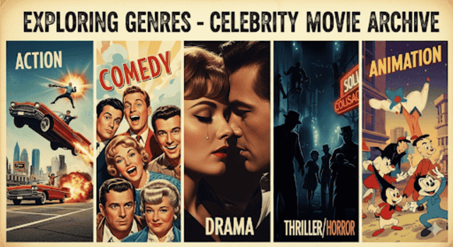 Exploring Genres in Celebrity Movie Archive with vintage posters of Action, Comedy, Drama, Thriller, and Animation.