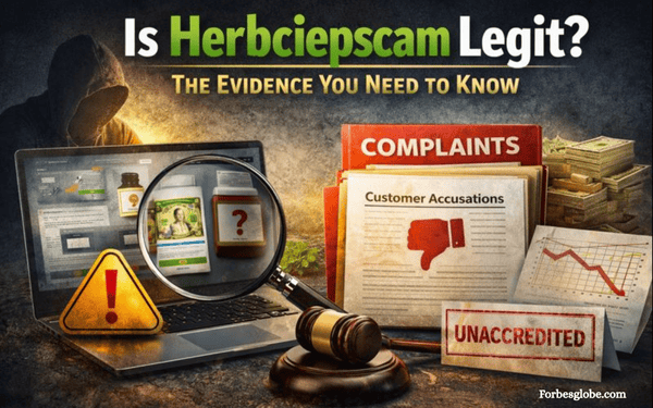 Herbciepscam scam evidence with complaints, customer accusations, unaccredited label, and magnifying glass highlighting suspicious products.