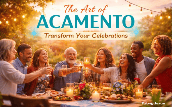 The Art of Acamento: Transform Your Celebrations A joyful outdoor Acamento celebration with a diverse group of people toasting, surrounded by candles, flowers, and warm lighting.