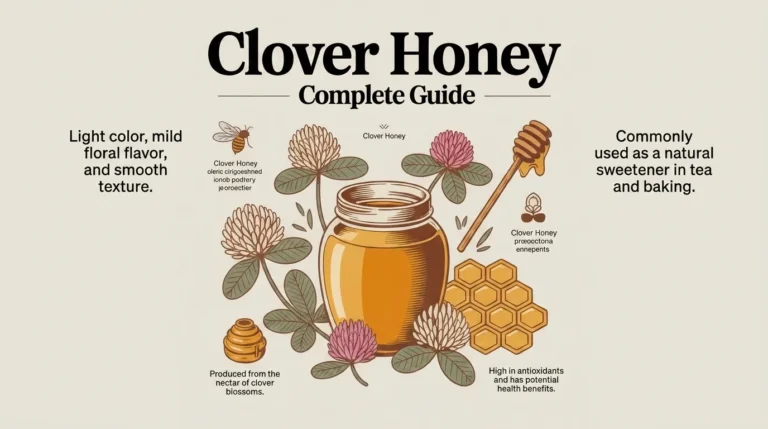 image showing clover honey in text and honey ,bees, clover in graphics